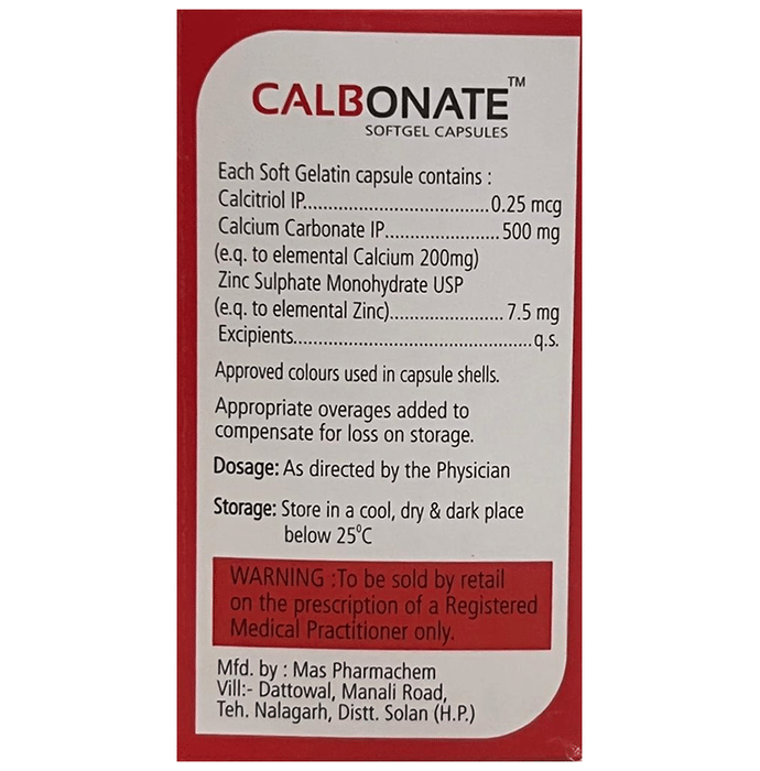 Calbonate Softgel Capsule    Calcitriol 0.25mcg + Calcium Carbonate 500mg + Zinc Sulfate 7.5mg