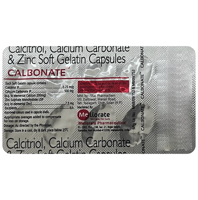 Calbonate Softgel Capsule    Calcitriol 0.25mcg + Calcium Carbonate 500mg + Zinc Sulfate 7.5mg