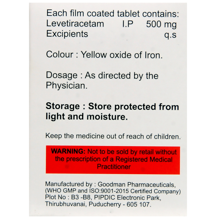 Episiz 500 Tablet    Levetiracetam 500mg