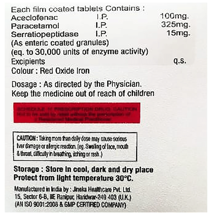 Ultichem-SP Tablet    Aceclofenac 100mg + Paracetamol 325mg + Serratiopeptidase 15mg