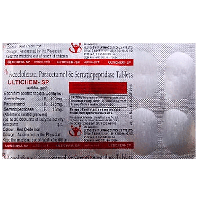 Ultichem-SP Tablet    Aceclofenac 100mg + Paracetamol 325mg + Serratiopeptidase 15mg