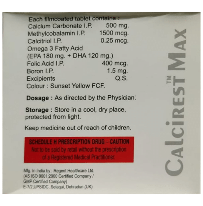 Calcirest Max Tablet    Calcitriol 0.25mg + Calcium Carbonate 500mg + Omega-3 fatty acid 300mg + Met