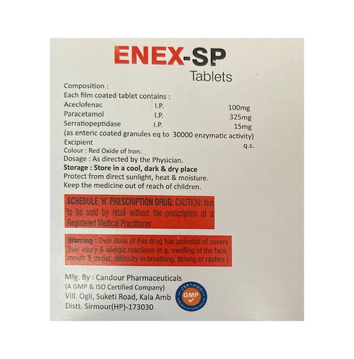 Enex SP 100mg/325mg/15mg Tablet    Aceclofenac 100mg + Paracetamol 325mg + Serratiopeptidase 15mg