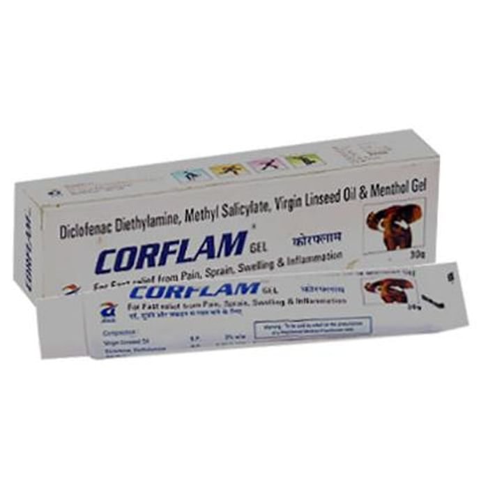 Corflam Gel    Diclofenac diethylamine 1.16% w/w + Linseed Oil 3% w/w + Methyl Salicylate 10% w/w + 