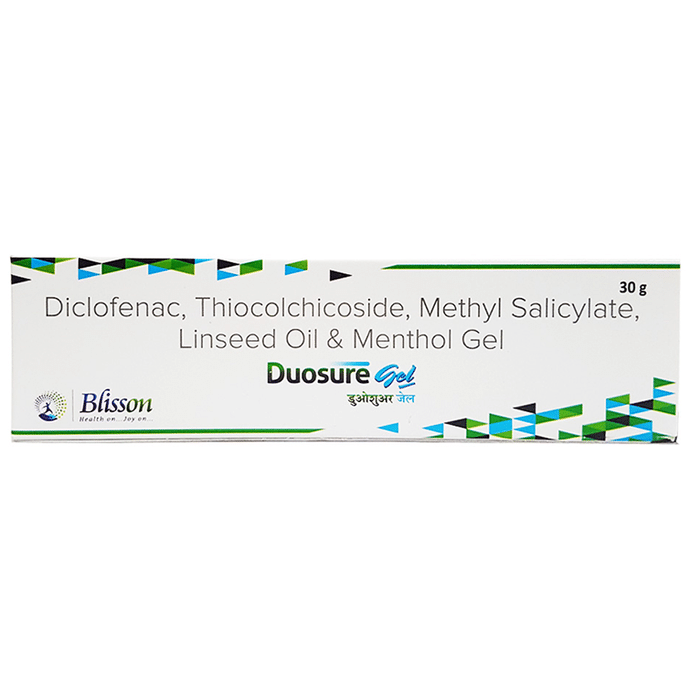 Duosure Gel    Diclofenac 1.16% w/w + Linseed Oil 3% w/w + Menthol 5% w/w + Methyl Salicylate 10% w/