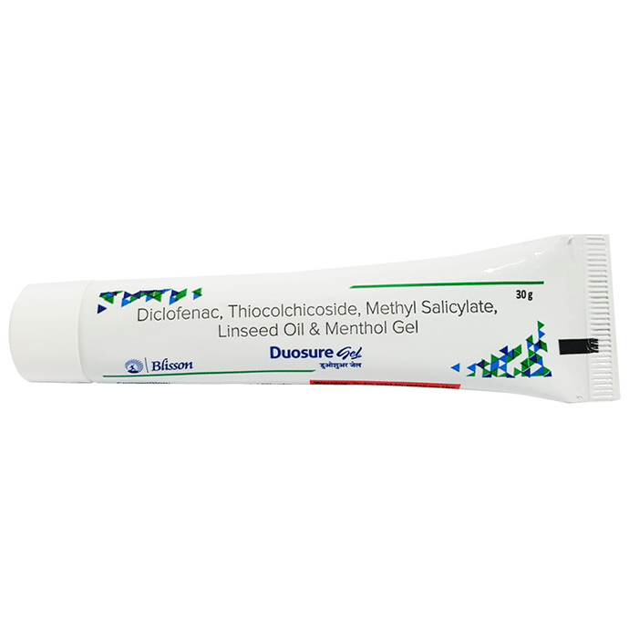 Duosure Gel    Diclofenac 1.16% w/w + Linseed Oil 3% w/w + Menthol 5% w/w + Methyl Salicylate 10% w/