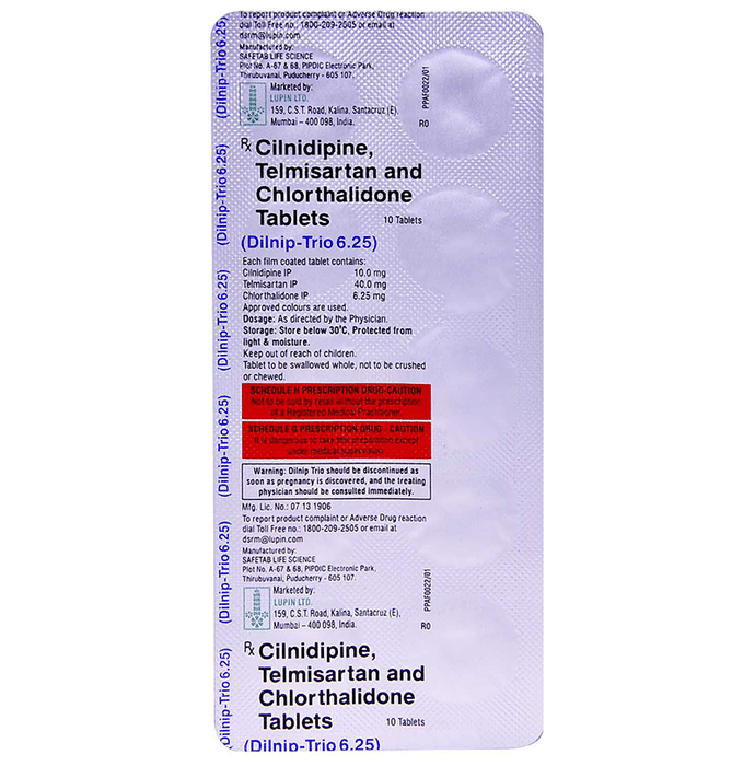 Dilnip Trio 40mg/10mg/6.25mg Tablet    Telmisartan 40mg + Cilnidipine 10mg + Chlorthalidone 6.25mg