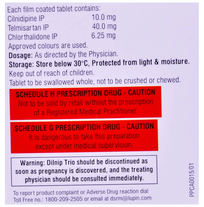 Dilnip Trio 40mg/10mg/6.25mg Tablet    Telmisartan 40mg + Cilnidipine 10mg + Chlorthalidone 6.25mg