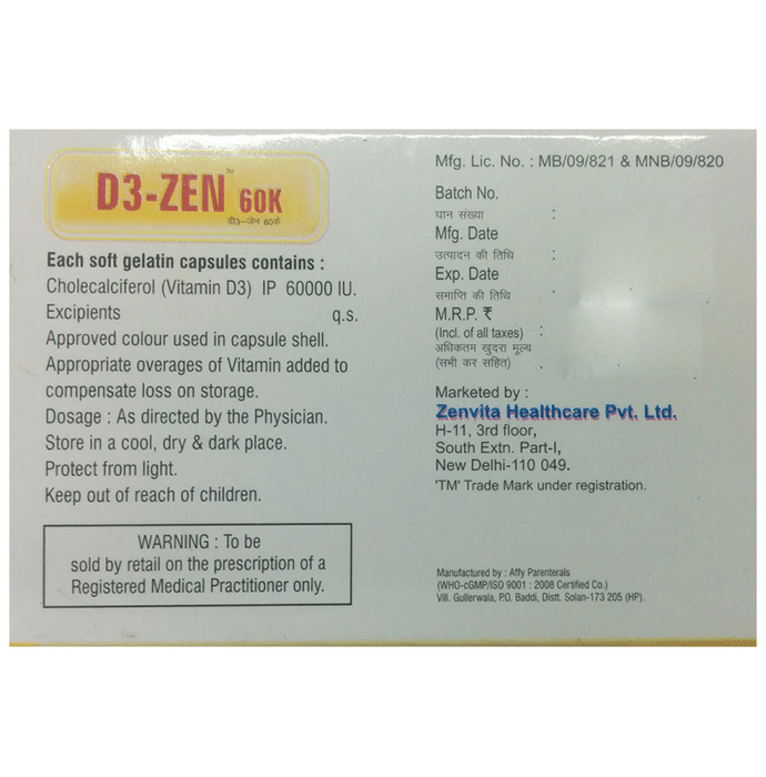 D3-Zen 60K Soft Gelatin Capsule    Vitamin D3 60000IU