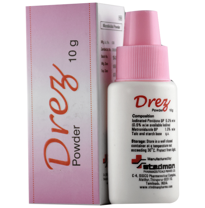 Drez S Dusting Powder    Povidone Iodine 5% w/w + Tinidazole 1% w/w + Sucralfate 7% w/w