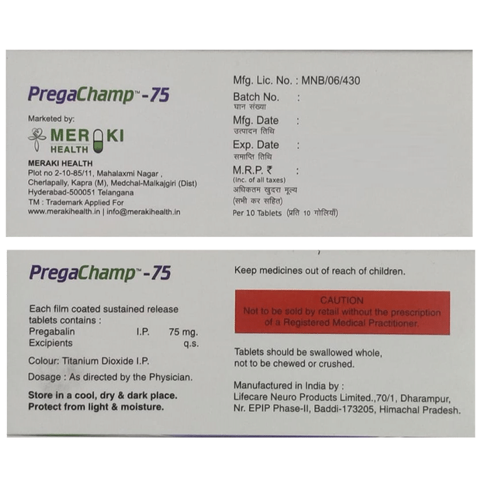 Pregachamp 75 Tablet SR    Pregabalin 75mg