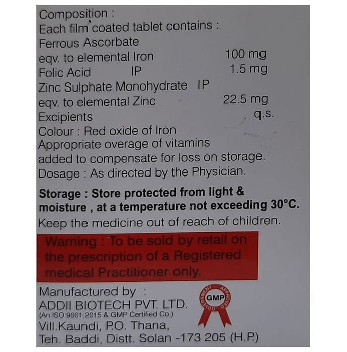 Cazodep-XT Tablet    Ferrous Ascorbate 100mg + Folic Acid 1.5mg + Zinc 22.5mg