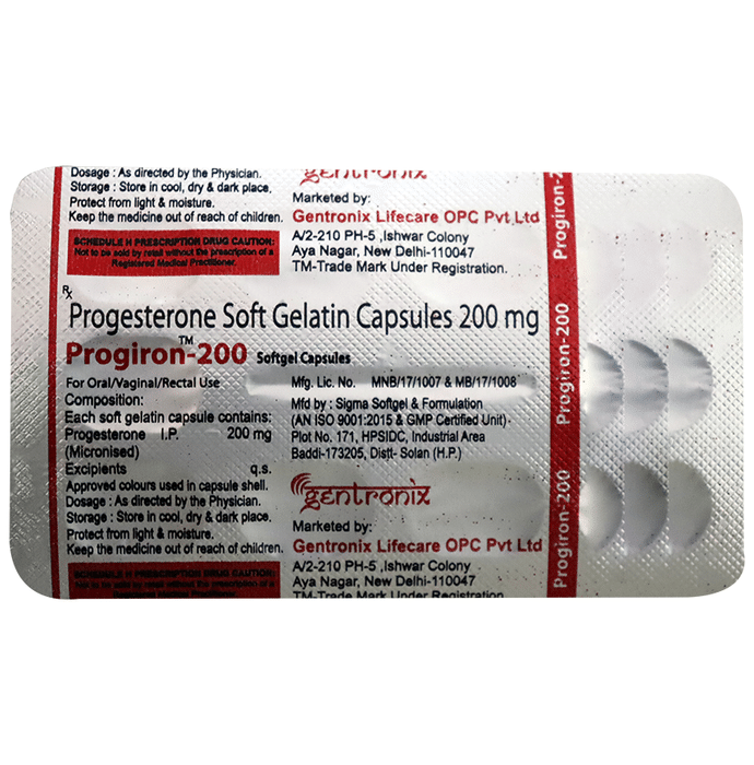 Progiron 200 Softgel Capsule    Progesterone Natural Micronized 200mg