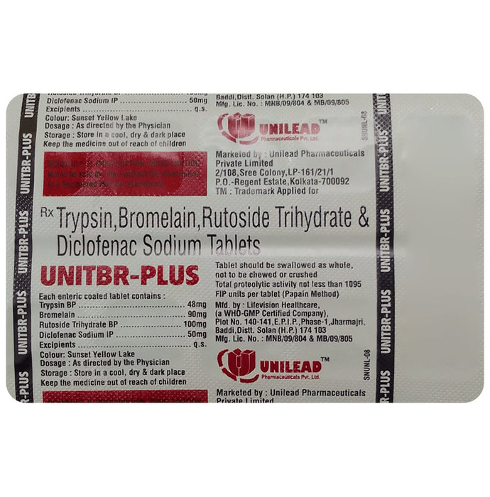 Unitbr-Plus Tablet    Trypsin 48mg + Bromelain 90mg + Rutoside 100mg + Diclofenac 50mg