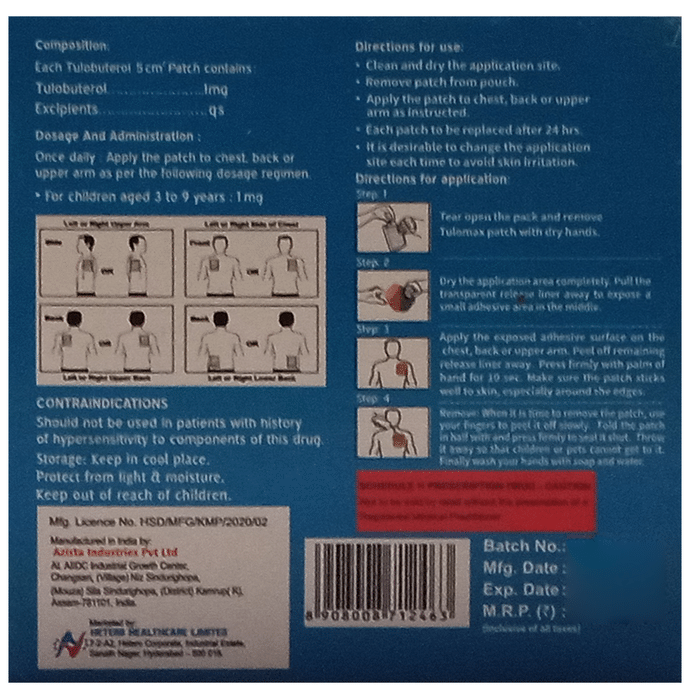 Tulomax 1.0 Transdermal Patch    Tulobuterol 1mg