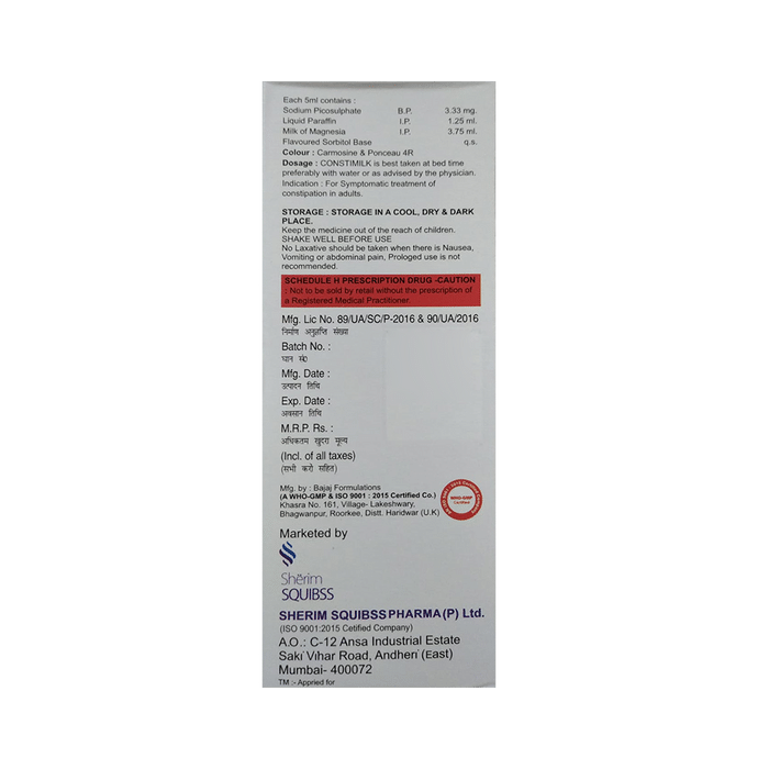 Constimilk Laxative    Sodium Picosulfate 3.33mg/5ml + Liquid Paraffin 1.25mg/5ml + Milk Of Magnesia