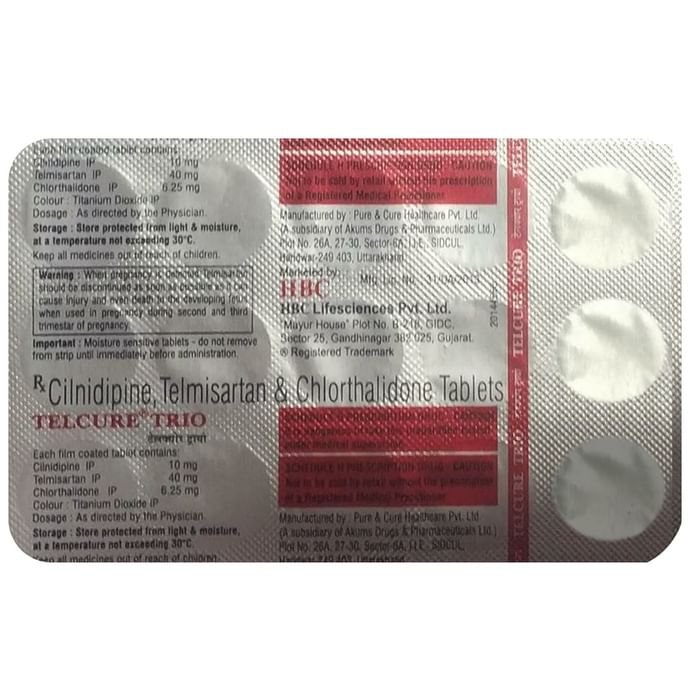 Telcure Trio 40mg/10mg/6.25mg Tablet    Telmisartan 40mg + Cilnidipine 10mg + Chlorthalidone 6.25mg