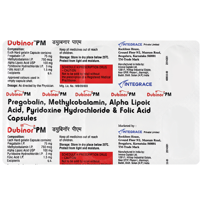 Dubinor PM Capsule    Alpha Lipoic Acid 100mg + Folic Acid 1.5mg + Methylcobalamin 750mcg + Pregabal