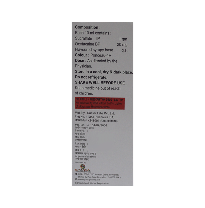 Prazspa-O Oral Suspension    Sucralfate 1000mg + Oxetacaine 20mg