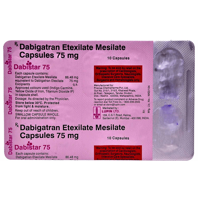 Dabistar 75mg Capsule    Dabigatran Etexilate 75mg