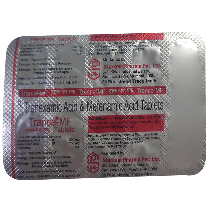 Trance MF 500mg/250mg Tablet    Tranexamic Acid 500mg + Mefenamic Acid 250mg