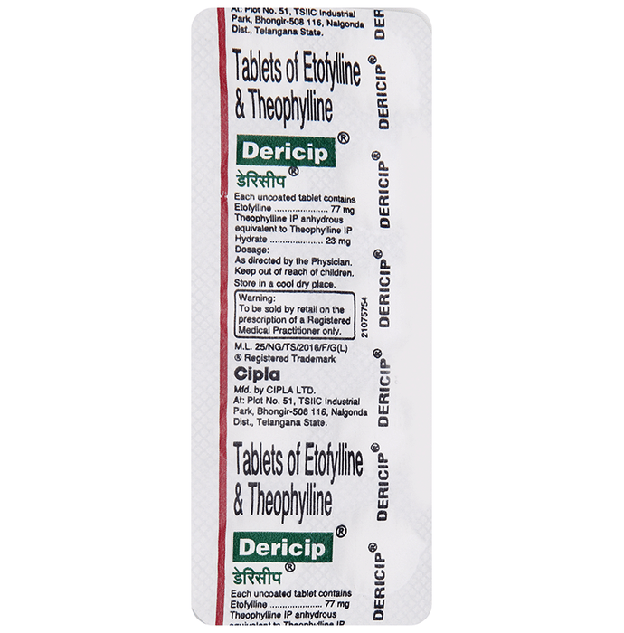 Dericip 77mg/23mg Tablet    Etofylline 77mg + Theophylline 23mg