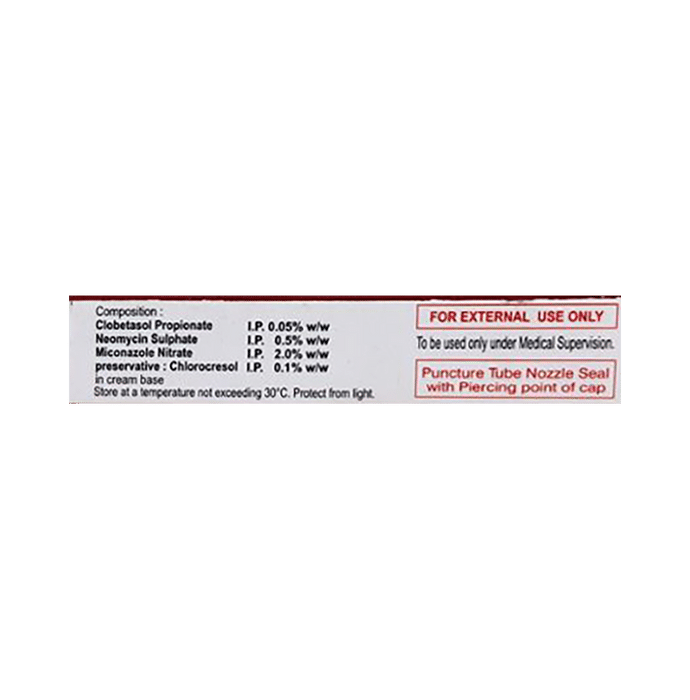 Clonit gm Cream    Clobetasol 0.05% w/w + Gentamicin 0.1% w/w + Miconazole 2% w/w