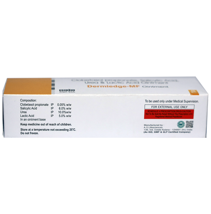 Dermiedge-MF Ointment    Clobetasol 0.05% w/w + Salicylic Acid 6% w/w + Lactic Acid 5% w/w + Urea 10