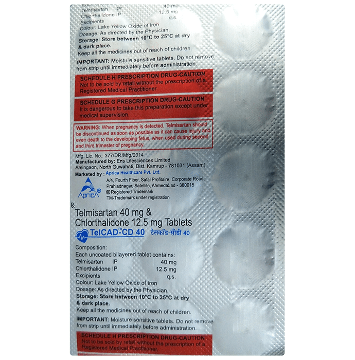 Tel Cad CD 40 Tablet    Telmisartan 40mg + Chlorthalidone 12.5mg