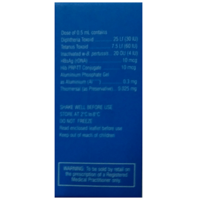 Comvac 5 Vaccine    Diphtheria Toxoid 30IU + Tetanus Toxoid 60IU + Pertussis Toxoid 4IU + Hepatitis 