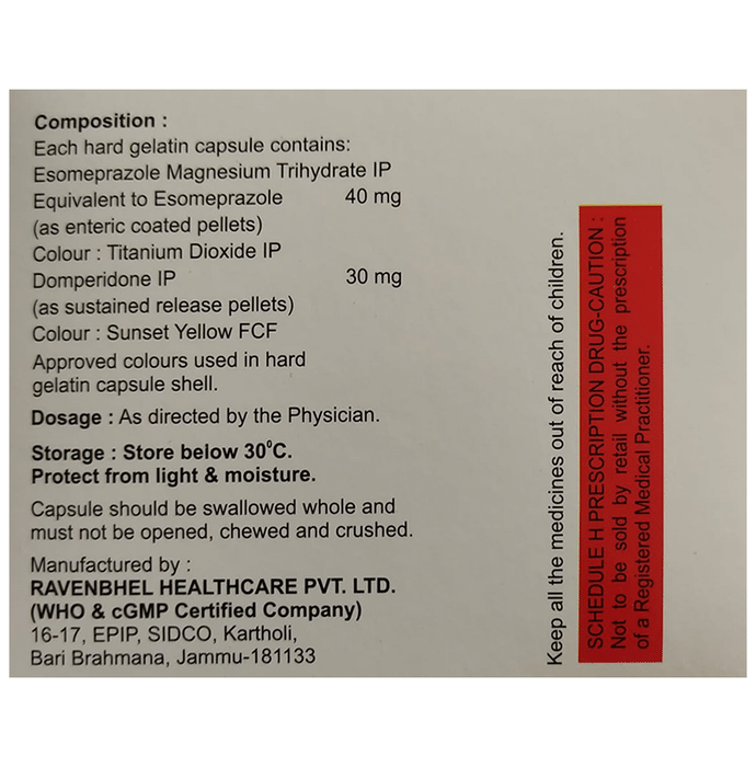Erixrd 40 Capsule SR    Domperidone 30mg + Esomeprazole 40mg