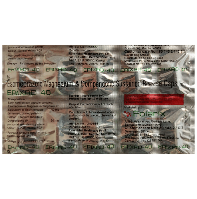 Erixrd 40 Capsule SR    Domperidone 30mg + Esomeprazole 40mg