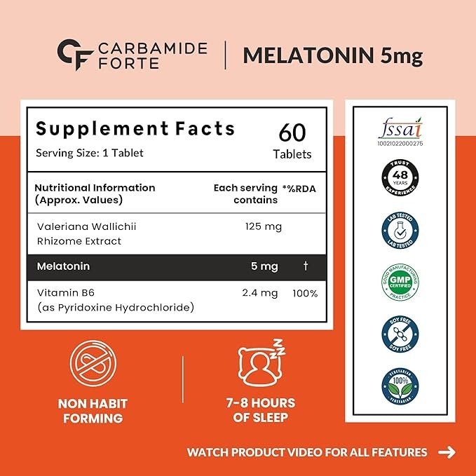 Carbamide Forte Melatonin 5mg+ | With Tagar & Vitamin B6 for Sleep, Relaxation & De-Stress | Tablet