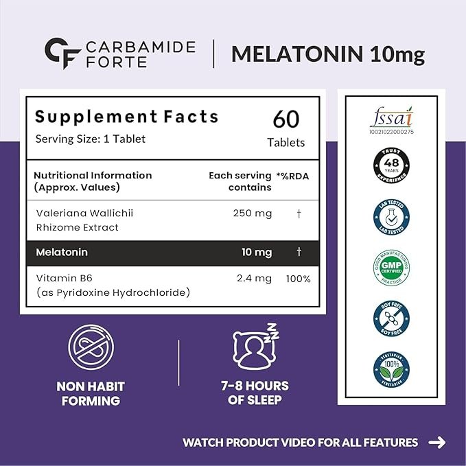 Carbamide Forte Melatonin 10mg with Tagar & Vitamin B6 | Natural and Safe Sleep Support | Tablet