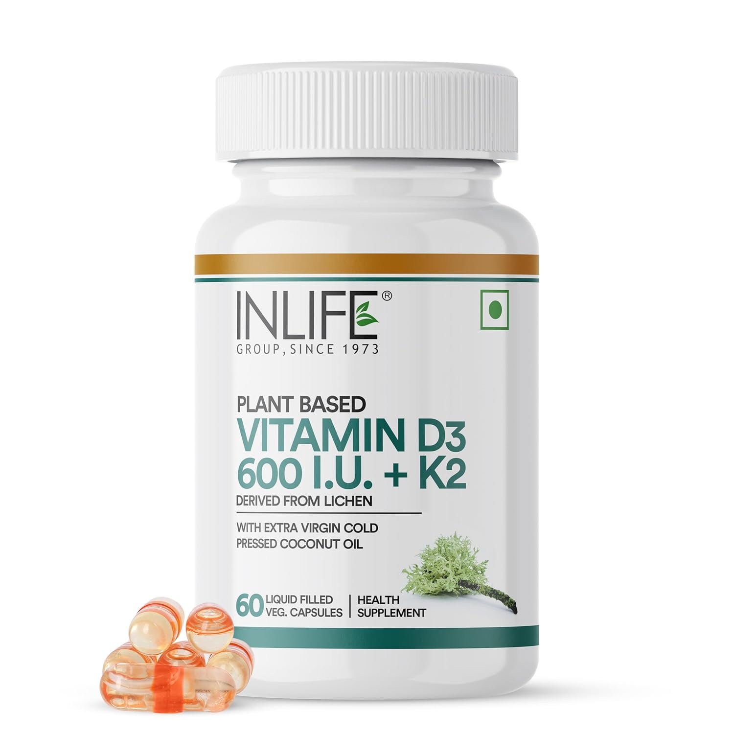 Inlife Plant Based Vitamin D3 600I.U. + K2 for Bones, Teeth & Immunity | Liquid Filled Capsule