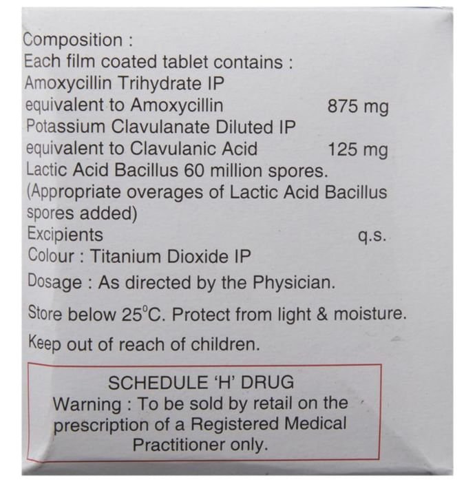 Augpen LB 1G Bid Tablet Amoxycillin 875mg + Clavulanic Acid 125mg + Lactobacillus 60Million spores