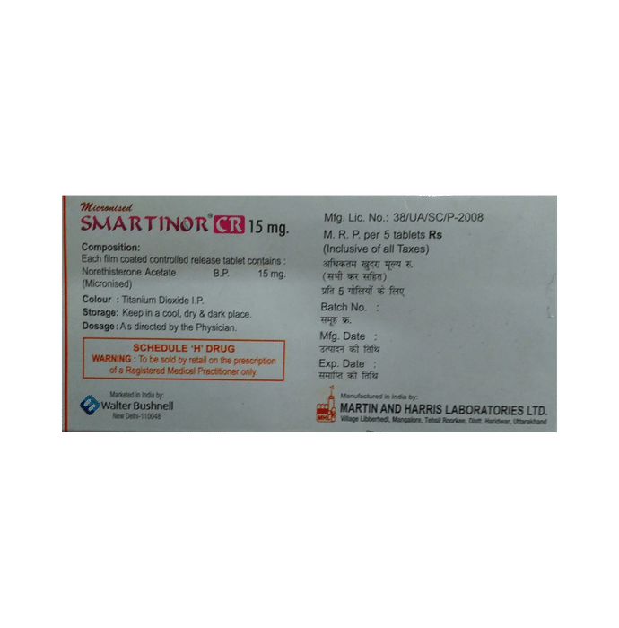 Smartinor CR 15mg Tablet Norethisterone 15mg