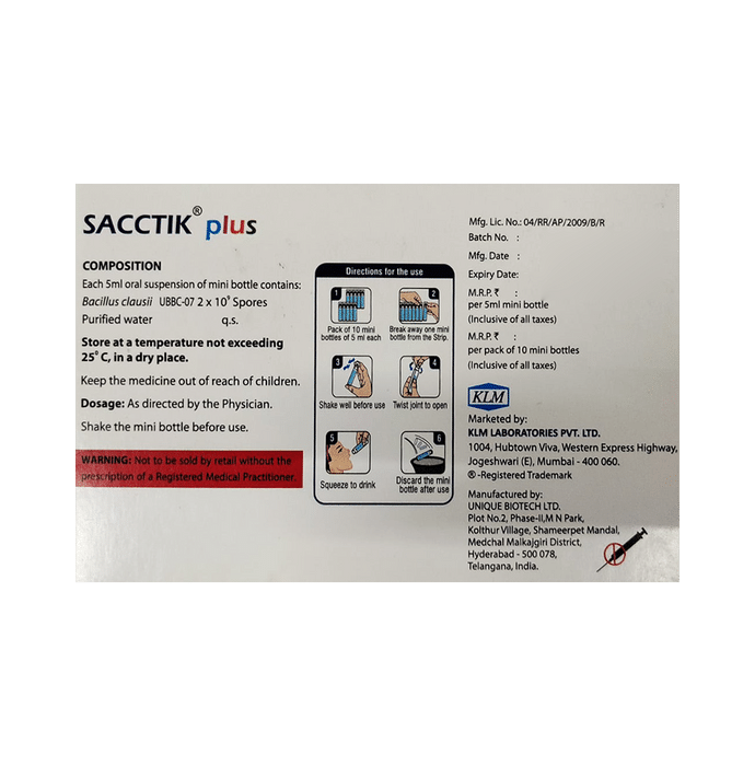 Sacctik Plus Oral Suspension 5ml Each Bacillus Clausii 2Billion Spores