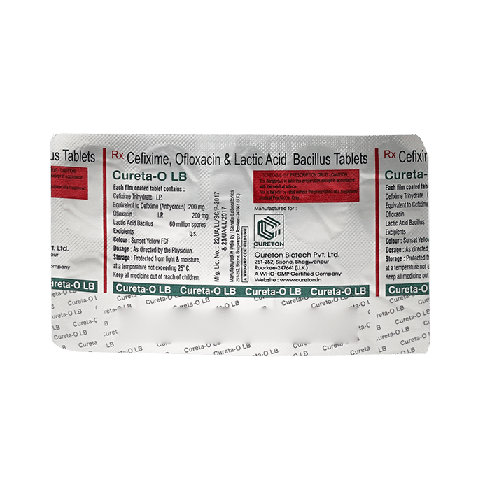 Cureta-O LB Tablet Cefixime 200mg + Ofloxacin 200mg + Lactobacillus 60Million spores