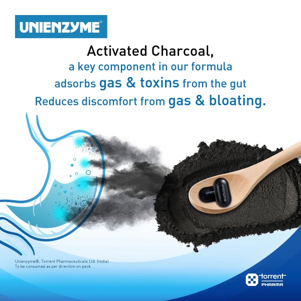 Unienzyme Tablet with Activated Charcoal | For Indigestion, Bloating & Gas | Stomach Care & Liver Care|30 Tablet.