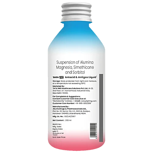 Tata 1mg Antacid & Antigas Liquid for Heartburn, Indigestion & Gas Sugar Free Mint|200 ml Liquid